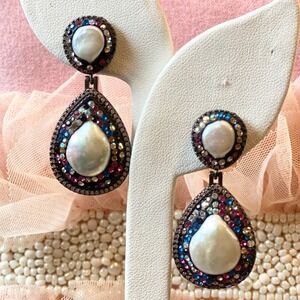 Baroque Pearl Drop Earrings Multicolor Rhinestones Dangle Bold Chic Glam Grunge